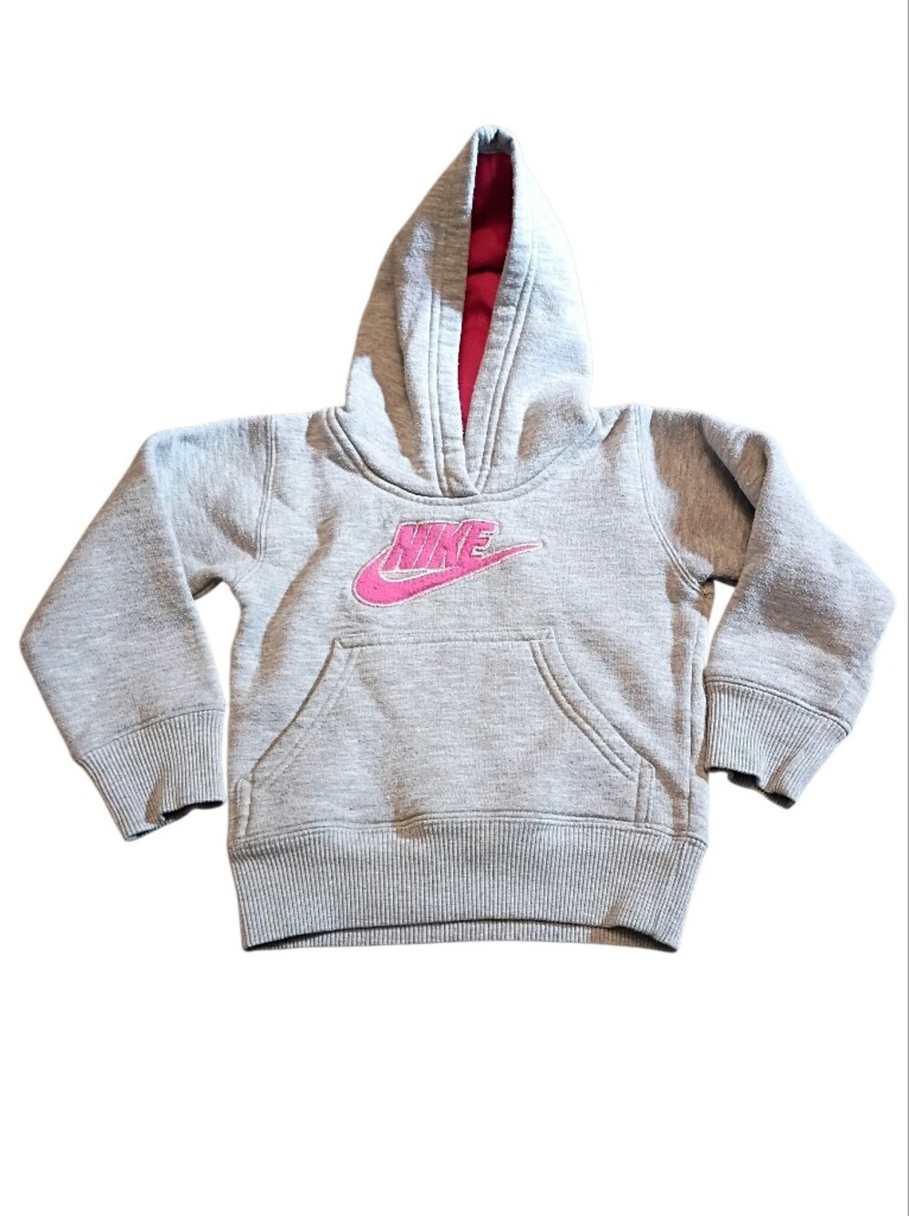 Nike Toddler Girls Gray Pullover Hoodie Pink Logo Sweatshirt Size 3T Fleece Line